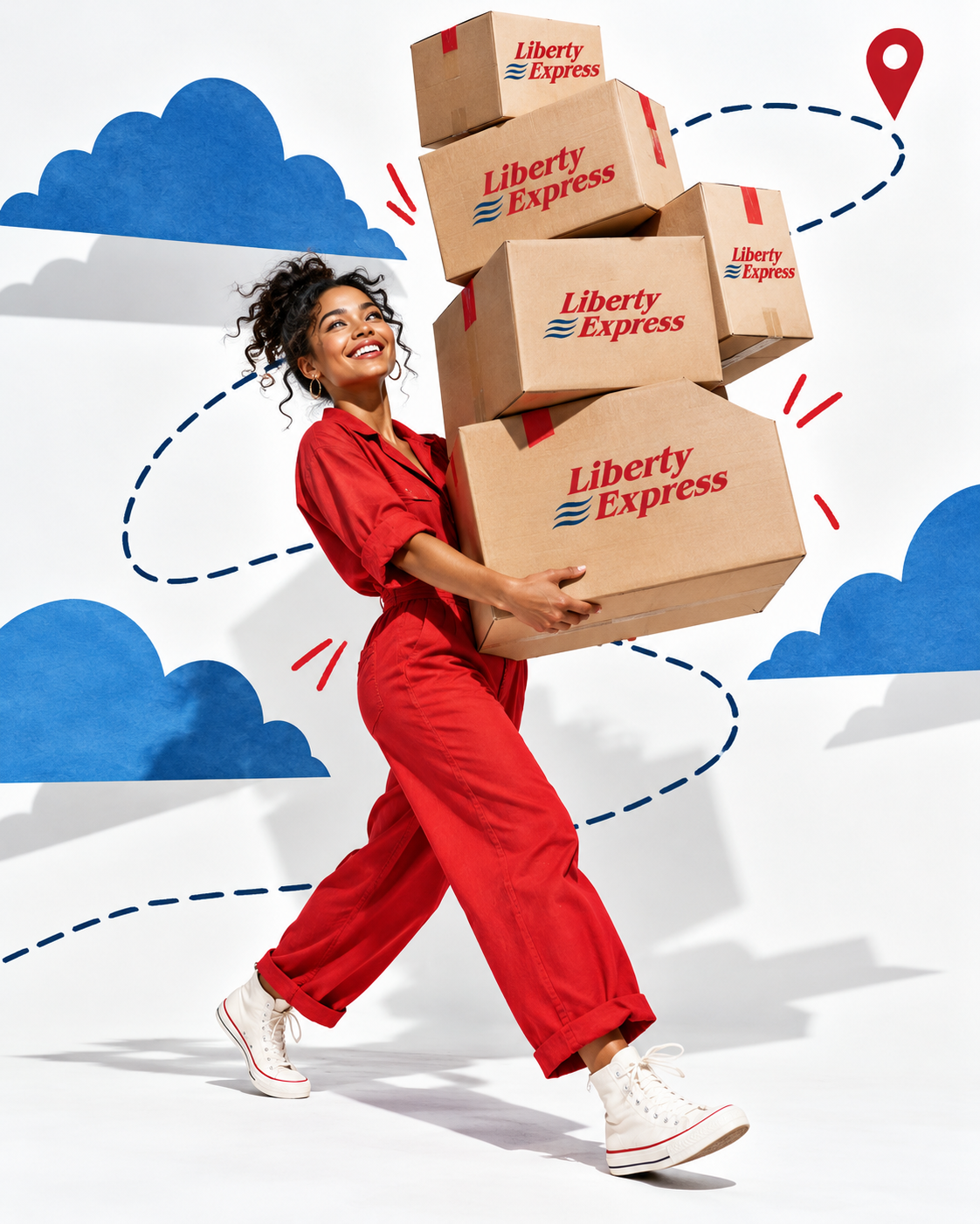 Mujer llevando cajas Liberty Express con nubes y rutas ilustradas