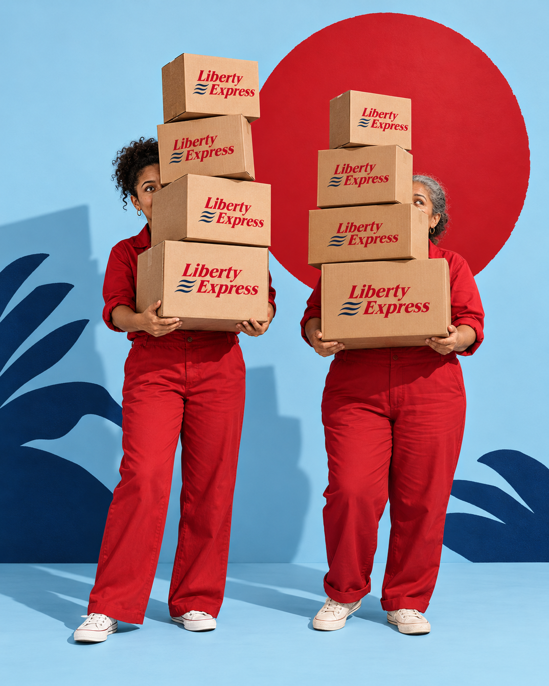 Dos mujeres con cajas Liberty Express en un estudio gráfico
