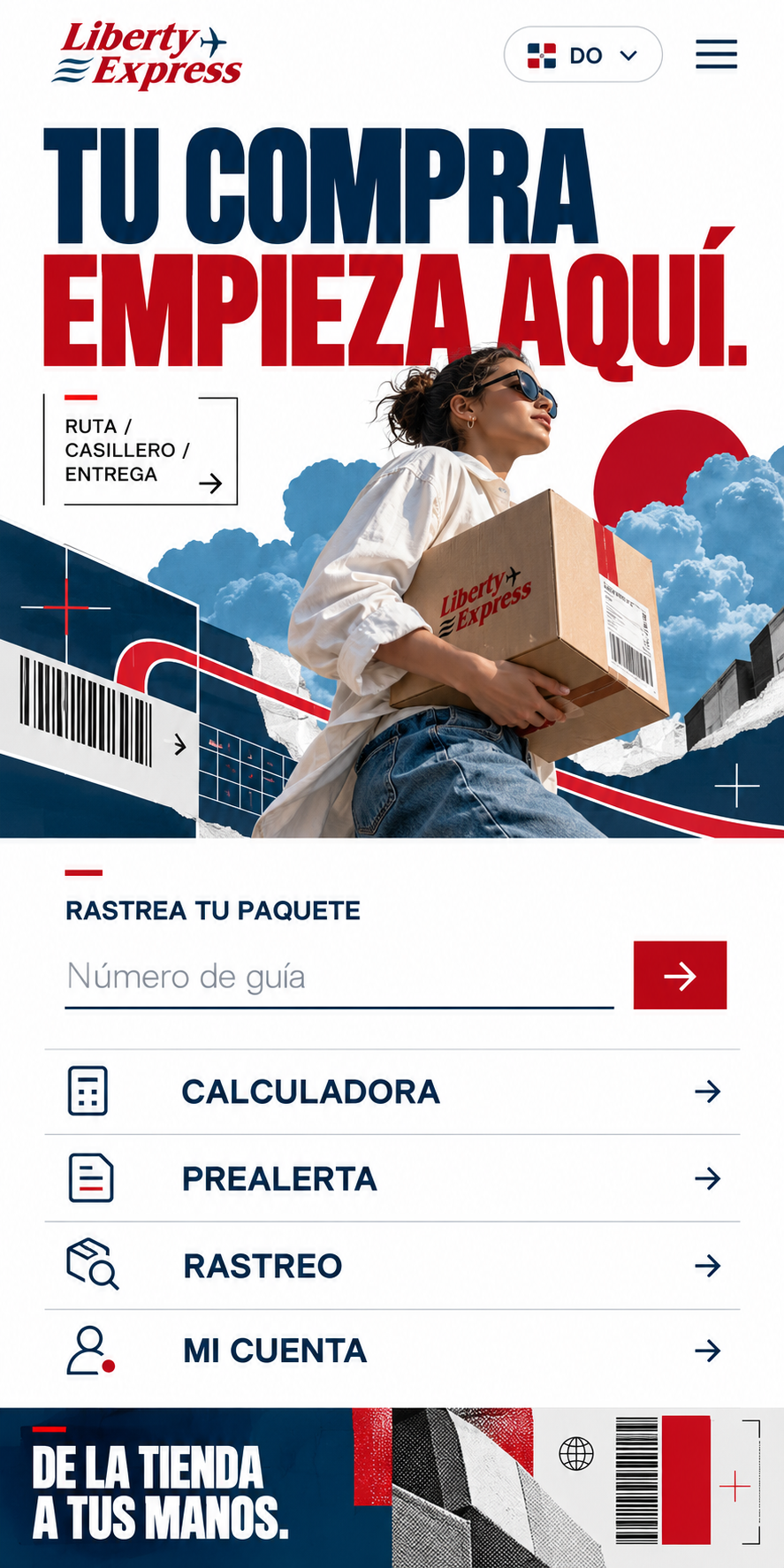 Mujer con paquete en composición editorial Liberty Express