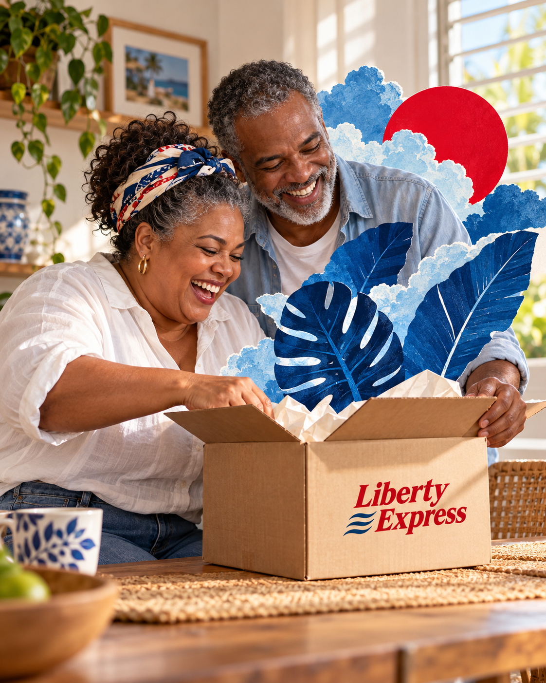 Pareja feliz abriendo una caja Liberty Express con ilustraciones que emergen de ella