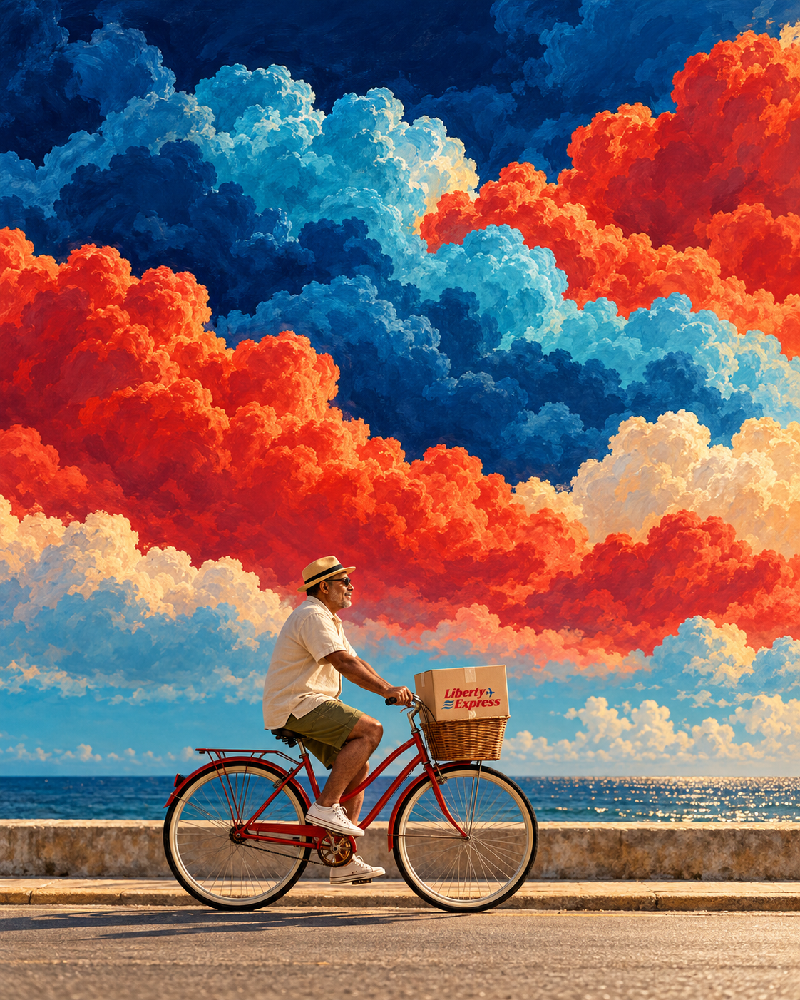 Hombre en bicicleta con una caja Liberty Express bajo nubes pintadas
