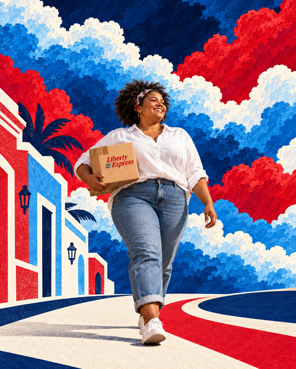 Mujer llevando una caja Liberty Express en un paisaje completamente ilustrado