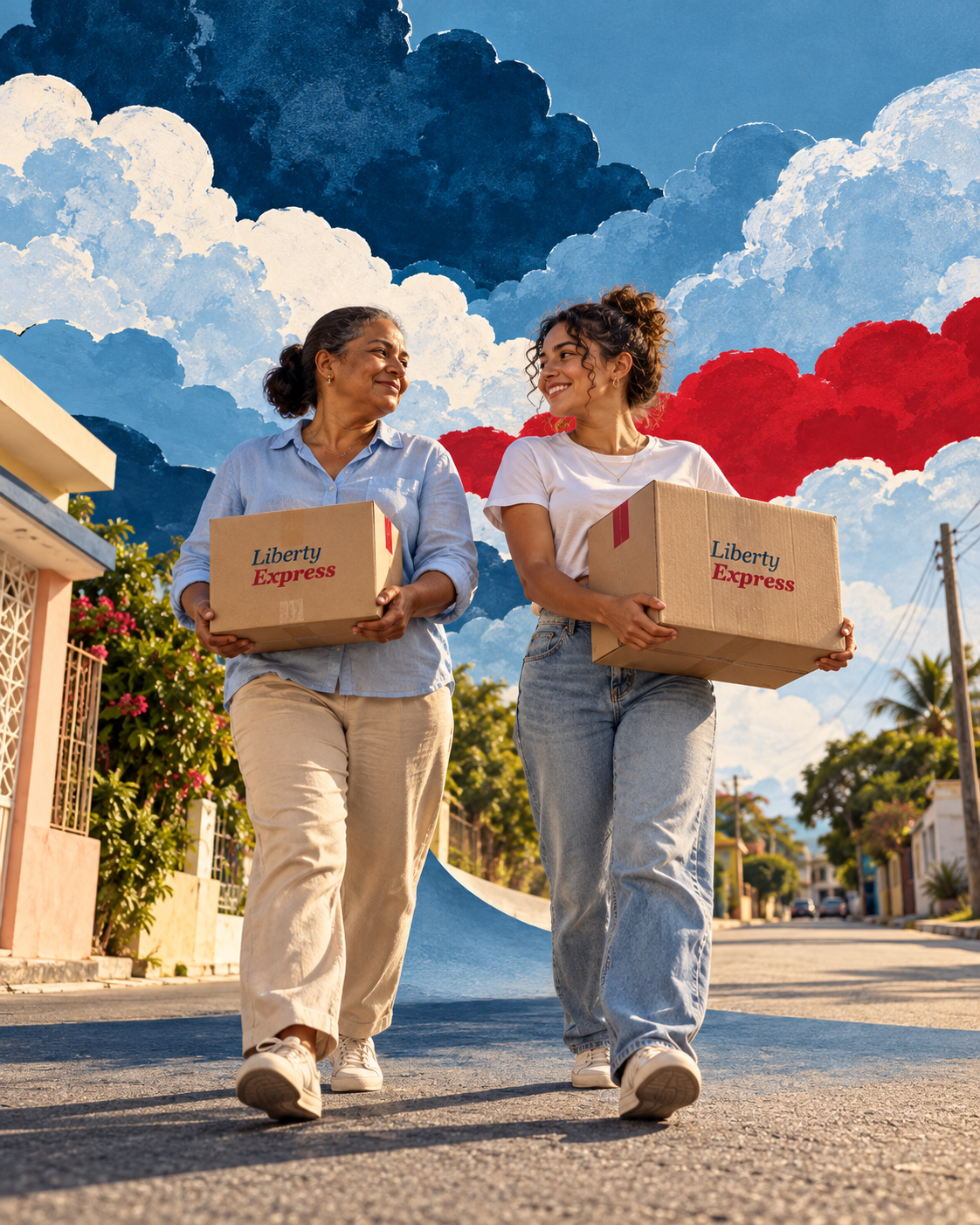 Madre e hija caminando con paquetes Liberty Express bajo un cielo ilustrado