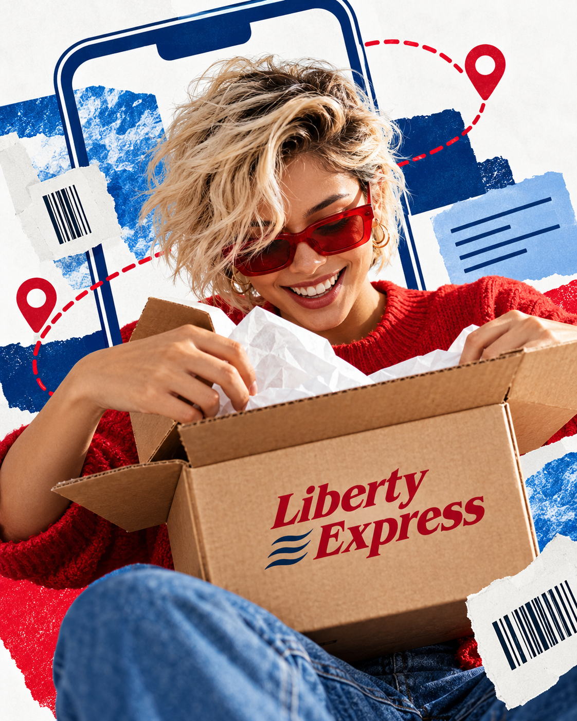 Persona abriendo una caja Liberty Express en una composición de collage