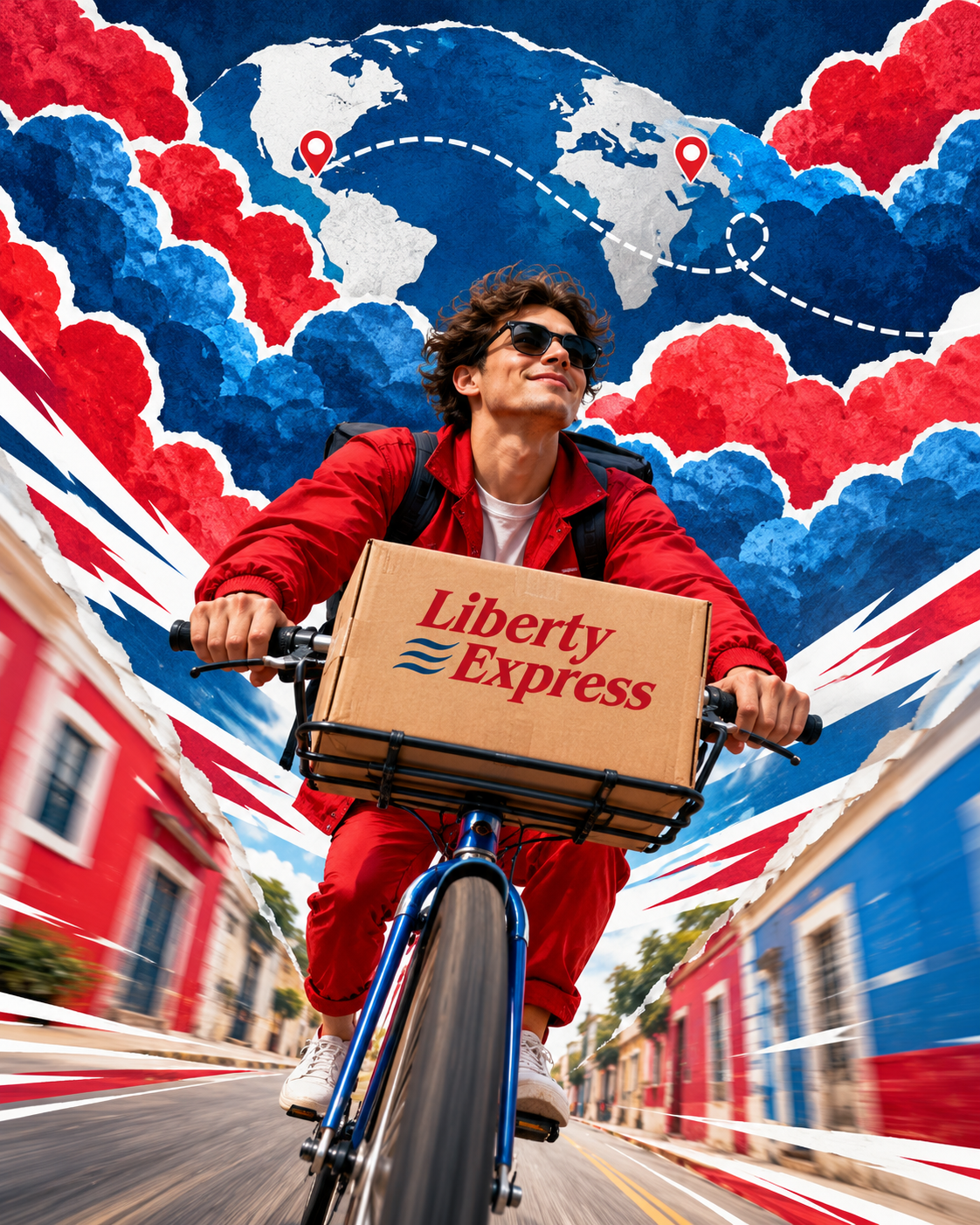 Mensajero en bicicleta con paquete Liberty Express y entorno ilustrado